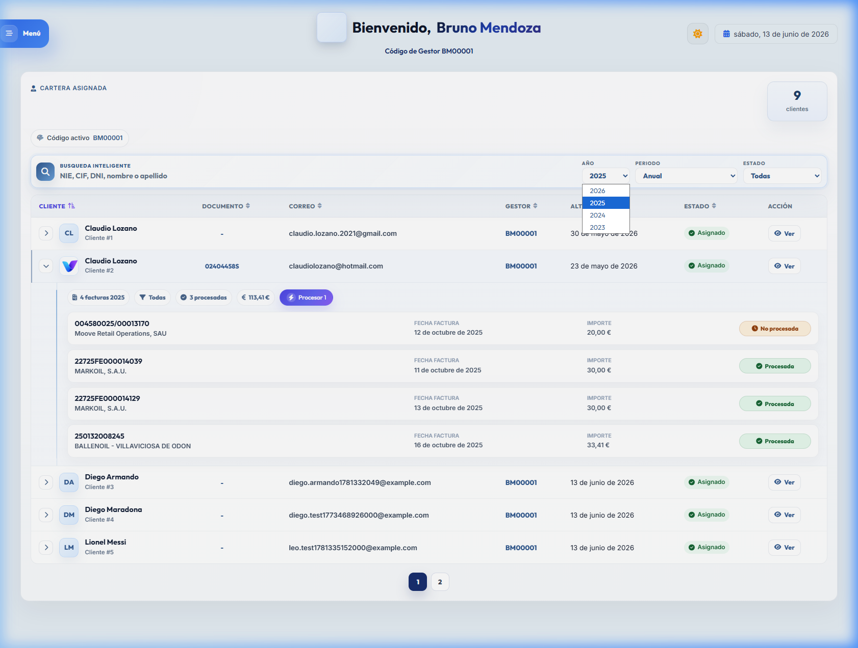 Manager Dashboard Client List and Analytics Showcase
